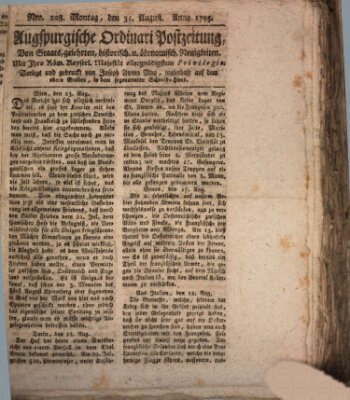 Augsburgische Ordinari Postzeitung von Staats-, gelehrten, historisch- u. ökonomischen Neuigkeiten (Augsburger Postzeitung) Montag 31. August 1795