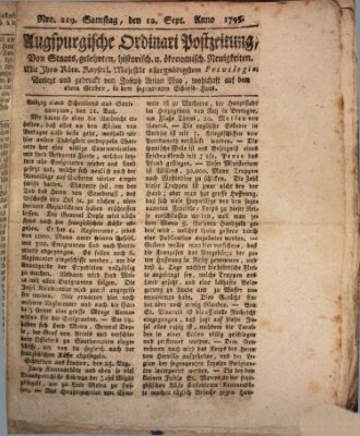 Augsburgische Ordinari Postzeitung von Staats-, gelehrten, historisch- u. ökonomischen Neuigkeiten (Augsburger Postzeitung) Samstag 12. September 1795