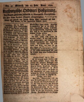 Augsburgische Ordinari Postzeitung von Staats-, gelehrten, historisch- u. ökonomischen Neuigkeiten (Augsburger Postzeitung) Mittwoch 24. Februar 1796