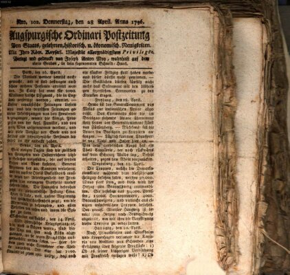 Augsburgische Ordinari Postzeitung von Staats-, gelehrten, historisch- u. ökonomischen Neuigkeiten (Augsburger Postzeitung) Donnerstag 28. April 1796