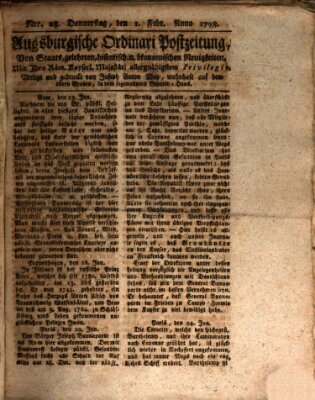 Augsburgische Ordinari Postzeitung von Staats-, gelehrten, historisch- u. ökonomischen Neuigkeiten (Augsburger Postzeitung) Donnerstag 1. Februar 1798