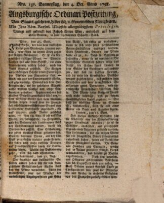 Augsburgische Ordinari Postzeitung von Staats-, gelehrten, historisch- u. ökonomischen Neuigkeiten (Augsburger Postzeitung) Donnerstag 4. Oktober 1798