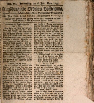 Augsburgische Ordinari Postzeitung von Staats-, gelehrten, historisch- u. ökonomischen Neuigkeiten (Augsburger Postzeitung) Donnerstag 6. Juni 1799