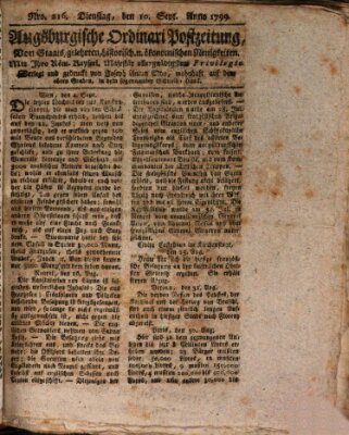 Augsburgische Ordinari Postzeitung von Staats-, gelehrten, historisch- u. ökonomischen Neuigkeiten (Augsburger Postzeitung) Dienstag 10. September 1799