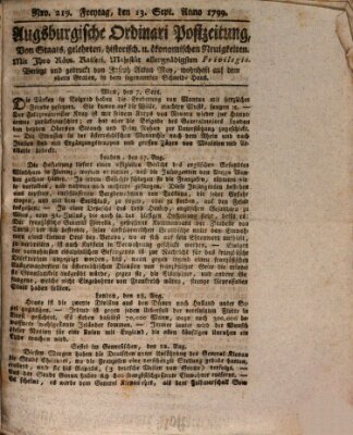 Augsburgische Ordinari Postzeitung von Staats-, gelehrten, historisch- u. ökonomischen Neuigkeiten (Augsburger Postzeitung) Freitag 13. September 1799