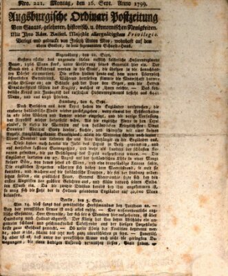 Augsburgische Ordinari Postzeitung von Staats-, gelehrten, historisch- u. ökonomischen Neuigkeiten (Augsburger Postzeitung) Montag 16. September 1799