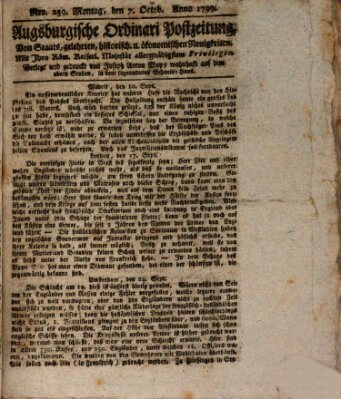 Augsburgische Ordinari Postzeitung von Staats-, gelehrten, historisch- u. ökonomischen Neuigkeiten (Augsburger Postzeitung) Montag 7. Oktober 1799