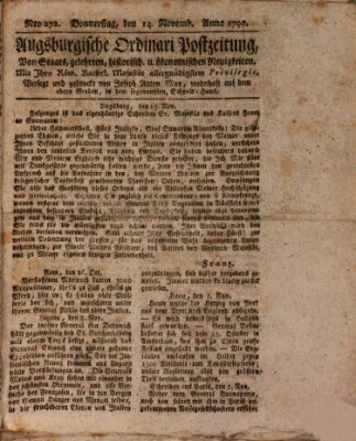 Augsburgische Ordinari Postzeitung von Staats-, gelehrten, historisch- u. ökonomischen Neuigkeiten (Augsburger Postzeitung) Donnerstag 14. November 1799