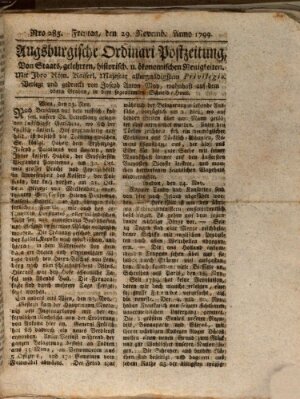 Augsburgische Ordinari Postzeitung von Staats-, gelehrten, historisch- u. ökonomischen Neuigkeiten (Augsburger Postzeitung) Freitag 29. November 1799