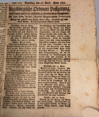 Augsburgische Ordinari Postzeitung von Staats-, gelehrten, historisch- u. ökonomischen Neuigkeiten (Augsburger Postzeitung) Samstag 26. April 1800