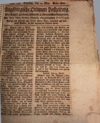 Augsburgische Ordinari Postzeitung von Staats-, gelehrten, historisch- u. ökonomischen Neuigkeiten (Augsburger Postzeitung) Samstag 10. Mai 1800