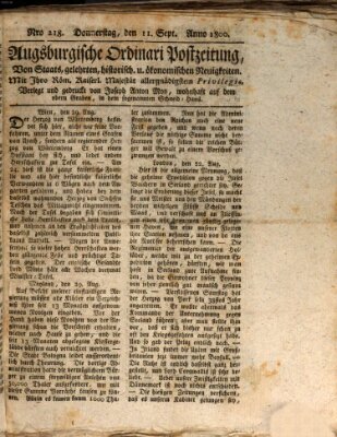Augsburgische Ordinari Postzeitung von Staats-, gelehrten, historisch- u. ökonomischen Neuigkeiten (Augsburger Postzeitung) Donnerstag 11. September 1800