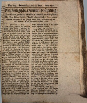 Augsburgische Ordinari Postzeitung von Staats-, gelehrten, historisch- u. ökonomischen Neuigkeiten (Augsburger Postzeitung) Donnerstag 18. September 1800