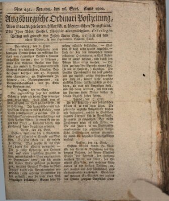 Augsburgische Ordinari Postzeitung von Staats-, gelehrten, historisch- u. ökonomischen Neuigkeiten (Augsburger Postzeitung) Freitag 26. September 1800