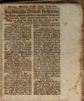 Augsburgische Ordinari Postzeitung von Staats-, gelehrten, historisch- u. ökonomischen Neuigkeiten (Augsburger Postzeitung) Mittwoch 22. Oktober 1800