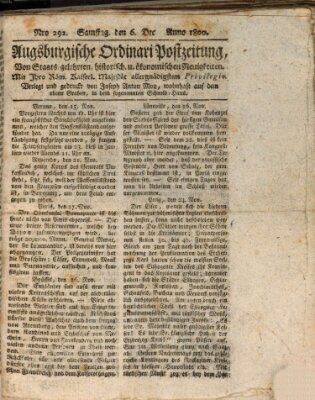 Augsburgische Ordinari Postzeitung von Staats-, gelehrten, historisch- u. ökonomischen Neuigkeiten (Augsburger Postzeitung) Samstag 6. Dezember 1800