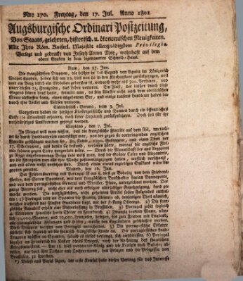 Augsburgische Ordinari Postzeitung von Staats-, gelehrten, historisch- u. ökonomischen Neuigkeiten (Augsburger Postzeitung) Freitag 17. Juli 1801