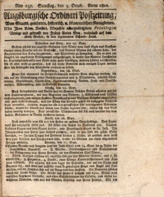 Augsburgische Ordinari Postzeitung von Staats-, gelehrten, historisch- u. ökonomischen Neuigkeiten (Augsburger Postzeitung) Samstag 3. Oktober 1801