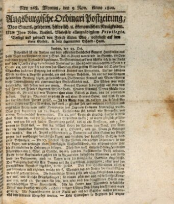 Augsburgische Ordinari Postzeitung von Staats-, gelehrten, historisch- u. ökonomischen Neuigkeiten (Augsburger Postzeitung) Montag 9. November 1801