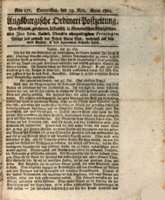 Augsburgische Ordinari Postzeitung von Staats-, gelehrten, historisch- u. ökonomischen Neuigkeiten (Augsburger Postzeitung) Donnerstag 19. November 1801