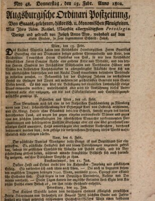 Augsburgische Ordinari Postzeitung von Staats-, gelehrten, historisch- u. ökonomischen Neuigkeiten (Augsburger Postzeitung) Donnerstag 25. Februar 1802