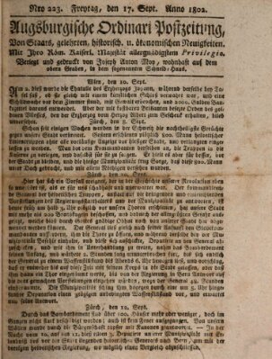 Augsburgische Ordinari Postzeitung von Staats-, gelehrten, historisch- u. ökonomischen Neuigkeiten (Augsburger Postzeitung) Freitag 17. September 1802