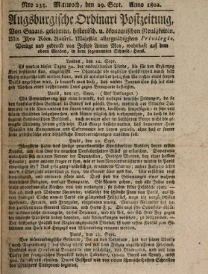 Augsburgische Ordinari Postzeitung von Staats-, gelehrten, historisch- u. ökonomischen Neuigkeiten (Augsburger Postzeitung) Mittwoch 29. September 1802