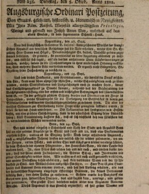 Augsburgische Ordinari Postzeitung von Staats-, gelehrten, historisch- u. ökonomischen Neuigkeiten (Augsburger Postzeitung) Dienstag 5. Oktober 1802