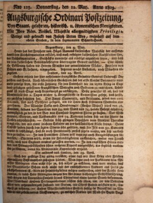 Augsburgische Ordinari Postzeitung von Staats-, gelehrten, historisch- u. ökonomischen Neuigkeiten (Augsburger Postzeitung) Donnerstag 12. Mai 1803