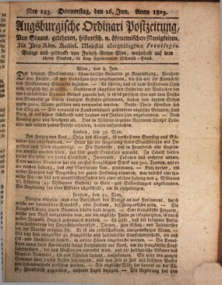 Augsburgische Ordinari Postzeitung von Staats-, gelehrten, historisch- u. ökonomischen Neuigkeiten (Augsburger Postzeitung) Donnerstag 16. Juni 1803