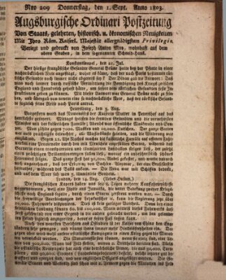 Augsburgische Ordinari Postzeitung von Staats-, gelehrten, historisch- u. ökonomischen Neuigkeiten (Augsburger Postzeitung) Donnerstag 1. September 1803