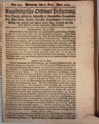 Augsburgische Ordinari Postzeitung von Staats-, gelehrten, historisch- u. ökonomischen Neuigkeiten (Augsburger Postzeitung) Mittwoch 7. September 1803