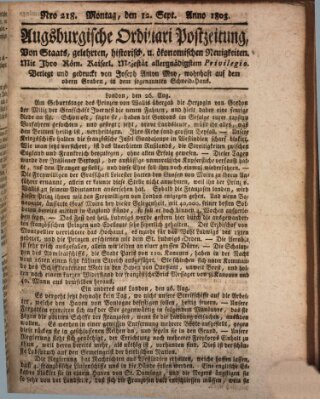 Augsburgische Ordinari Postzeitung von Staats-, gelehrten, historisch- u. ökonomischen Neuigkeiten (Augsburger Postzeitung) Montag 12. September 1803