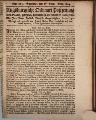 Augsburgische Ordinari Postzeitung von Staats-, gelehrten, historisch- u. ökonomischen Neuigkeiten (Augsburger Postzeitung) Samstag 17. September 1803