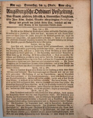 Augsburgische Ordinari Postzeitung von Staats-, gelehrten, historisch- u. ökonomischen Neuigkeiten (Augsburger Postzeitung) Donnerstag 13. Oktober 1803