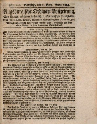 Augsburgische Ordinari Postzeitung von Staats-, gelehrten, historisch- u. ökonomischen Neuigkeiten (Augsburger Postzeitung) Samstag 1. September 1804