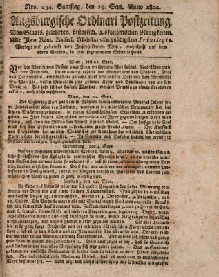 Augsburgische Ordinari Postzeitung von Staats-, gelehrten, historisch- u. ökonomischen Neuigkeiten (Augsburger Postzeitung) Samstag 29. September 1804