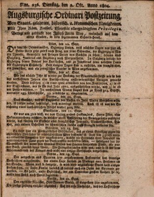 Augsburgische Ordinari Postzeitung von Staats-, gelehrten, historisch- u. ökonomischen Neuigkeiten (Augsburger Postzeitung) Dienstag 2. Oktober 1804