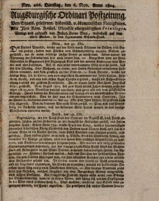 Augsburgische Ordinari Postzeitung von Staats-, gelehrten, historisch- u. ökonomischen Neuigkeiten (Augsburger Postzeitung) Dienstag 6. November 1804