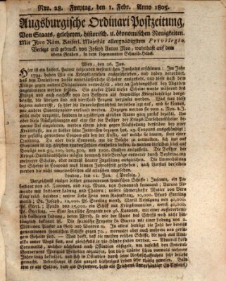 Augsburgische Ordinari Postzeitung von Staats-, gelehrten, historisch- u. ökonomischen Neuigkeiten (Augsburger Postzeitung) Freitag 1. Februar 1805