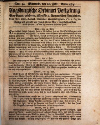 Augsburgische Ordinari Postzeitung von Staats-, gelehrten, historisch- u. ökonomischen Neuigkeiten (Augsburger Postzeitung) Mittwoch 20. Februar 1805