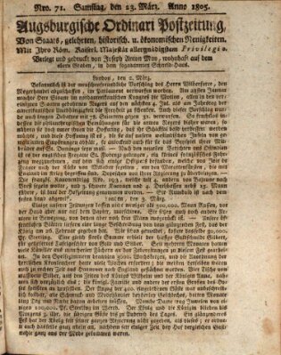 Augsburgische Ordinari Postzeitung von Staats-, gelehrten, historisch- u. ökonomischen Neuigkeiten (Augsburger Postzeitung) Samstag 23. März 1805