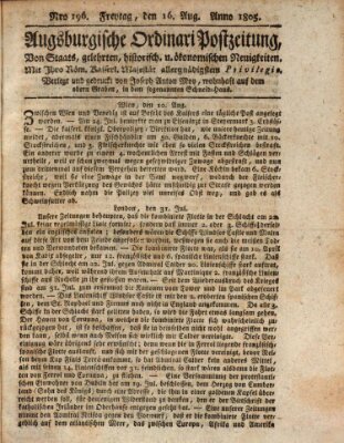 Augsburgische Ordinari Postzeitung von Staats-, gelehrten, historisch- u. ökonomischen Neuigkeiten (Augsburger Postzeitung) Freitag 16. August 1805