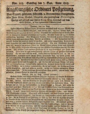 Augsburgische Ordinari Postzeitung von Staats-, gelehrten, historisch- u. ökonomischen Neuigkeiten (Augsburger Postzeitung) Samstag 7. September 1805
