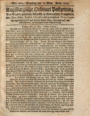 Augsburgische Ordinari Postzeitung von Staats-, gelehrten, historisch- u. ökonomischen Neuigkeiten (Augsburger Postzeitung) Samstag 14. September 1805