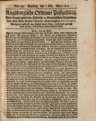 Augsburgische Ordinari Postzeitung von Staats-, gelehrten, historisch- u. ökonomischen Neuigkeiten (Augsburger Postzeitung) Dienstag 1. Oktober 1805