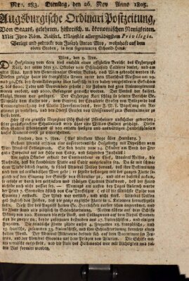 Augsburgische Ordinari Postzeitung von Staats-, gelehrten, historisch- u. ökonomischen Neuigkeiten (Augsburger Postzeitung) Dienstag 26. November 1805