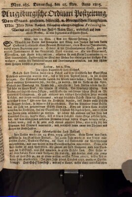 Augsburgische Ordinari Postzeitung von Staats-, gelehrten, historisch- u. ökonomischen Neuigkeiten (Augsburger Postzeitung) Donnerstag 28. November 1805
