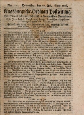 Augsburgische Ordinari Postzeitung von Staats-, gelehrten, historisch- u. ökonomischen Neuigkeiten (Augsburger Postzeitung) Donnerstag 17. Juli 1806