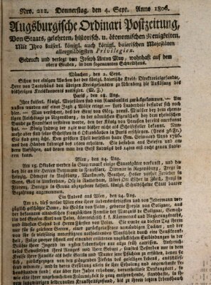 Augsburgische Ordinari Postzeitung von Staats-, gelehrten, historisch- u. ökonomischen Neuigkeiten (Augsburger Postzeitung) Donnerstag 4. September 1806